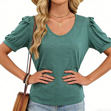 Women's Scoop Neck Puff Sleeve Top Ruffled Trim Casual T-Shirt