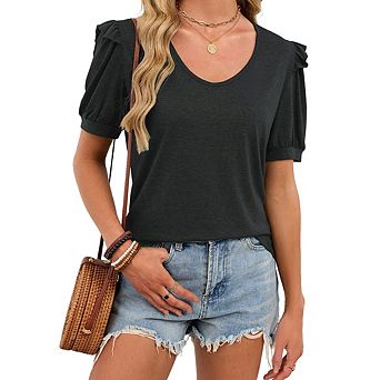 Women's Scoop Neck Puff Sleeve Top Ruffled Trim Casual T-Shirt