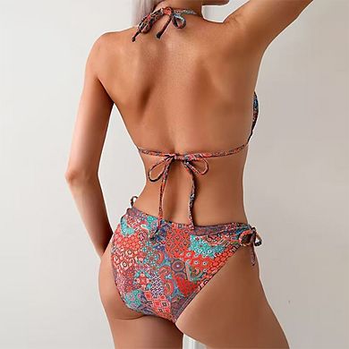 Women's 2-Piece Triangle Bikini Set Boho Print Halter Neck Swimsuit with Charm Accent