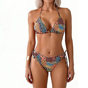 Women's 2 pc Triangle Bikini Set Boho Print Halter Neck Swimsuit with Charm Accent