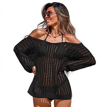 Women Crochet Off Shoulder Swimsuit Cover Up Long Sleeve Open Knit Beach Dress with Side Slit