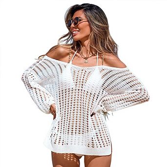 Women Crochet Off Shoulder Swimsuit Cover Up Long Sleeve Open Knit Beach Dress with Side Slit