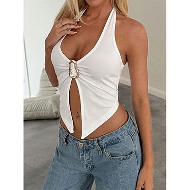 Women's Sleeveless Halter Crop Top Deep V Neck Buckle Detail Fitted Cami