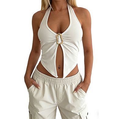 Women's Sleeveless Halter Crop Top Deep V Neck Buckle Detail Fitted Cami
