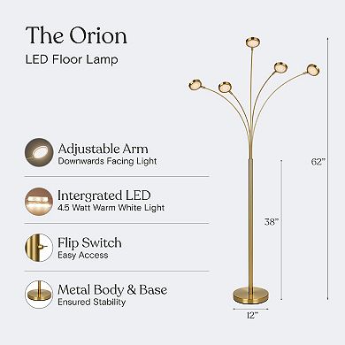 Brightech Orion 74" Gold Brass LED Tree Arc Floor Lamp with 5 Adjustable Arms