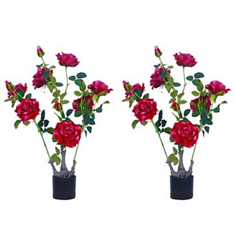 2 pc Artificial Peony Flower Trees in Pots Faux Peony Flowering Trees with Green Leaves