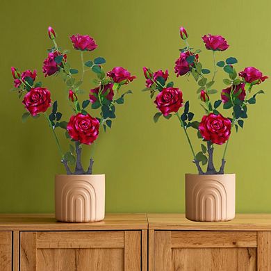 2pcs Artificial Peony Flower Trees in Pots Faux Peony Flowering Trees with Green Leaves