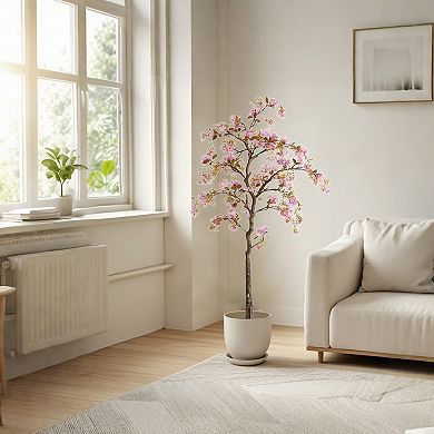 Artificial Trees Realistic Potted Silk Begonia Flower Tree Faux Tree + Lifelike Branches and Leaves