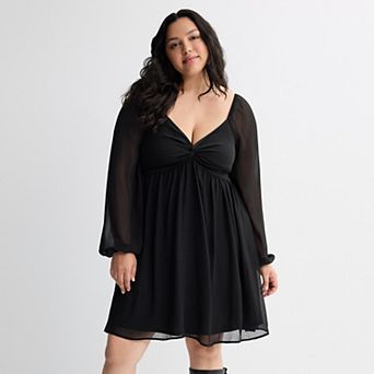 Juniors' Plus Size Mary & Mo Long Sleeve Twist Front Skater Dress