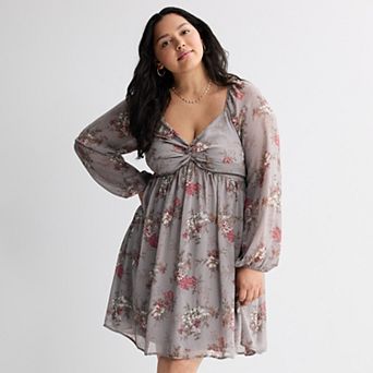Juniors' Plus Size Mary & Mo Long Sleeve Twist Front Skater Dress
