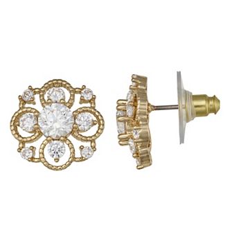 Napier Gold Tone Social Cubic Zirconia Floral Stud Earrings