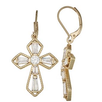 Napier Gold Tone Cubic Zirconia Cross Drop Earrings