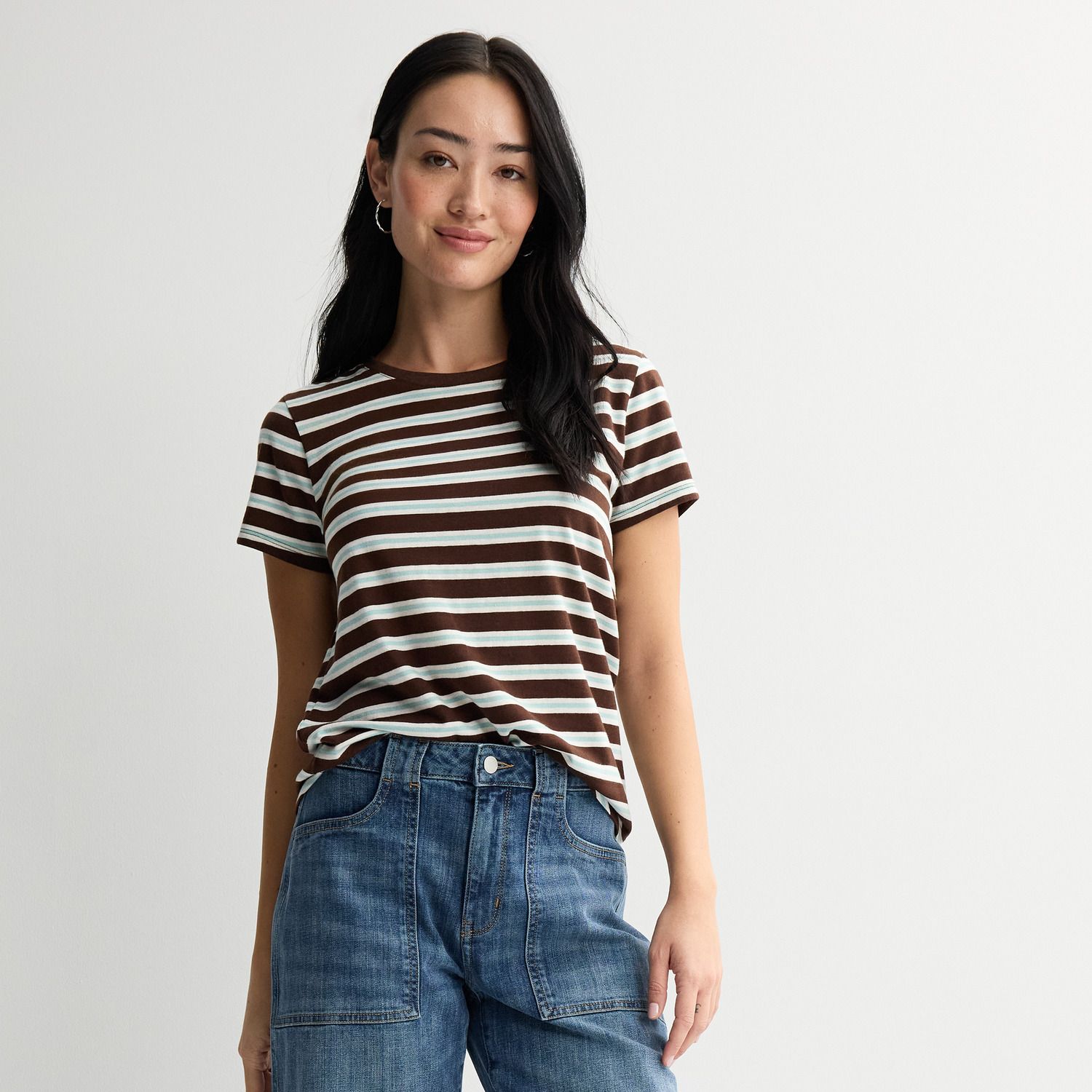 Женская футболка Sonoma Goods For Life Everyday Short Sleeve Crew, цвет: Коричневый синий полосатый — фото 1