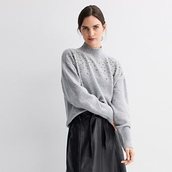 Petite Nine West Mockneck Embellished Pullover Sweater