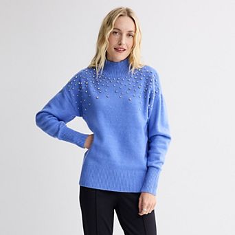 Petite Nine West Mockneck Embellished Pullover Sweater