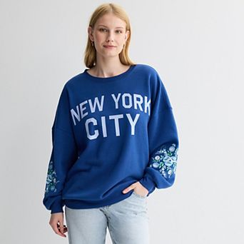Juniors' New York City Floral Sleeve Oversized Graphic Pullover