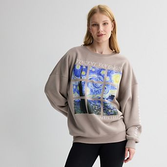 Juniors' Vincent Van Gogh Starry Night Grid Oversized Graphic Pullover