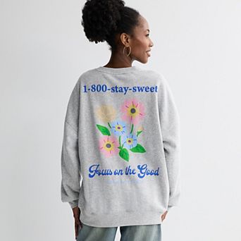 Juniors' Floral Stay Sweet Focus On The Good Oversized Graphic Pullover