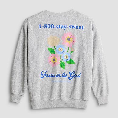 Juniors' Floral Stay Sweet Focus On The Good Oversized Graphic Pullover