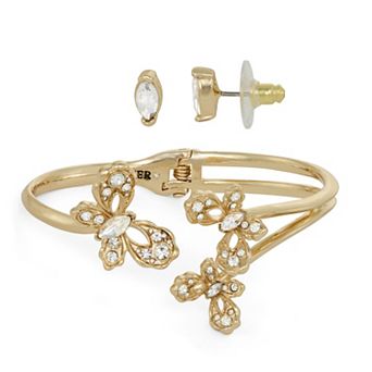 Napier Gold Tone Elevated Stone Butterfly Bangle Bracelet & Stud Earring Set