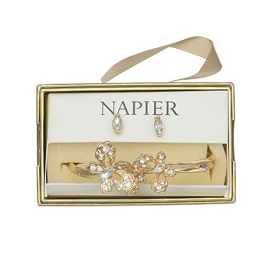 Napier Gold Tone Elevated Stone Butterfly Bangle Bracelet & Stud Earring Set