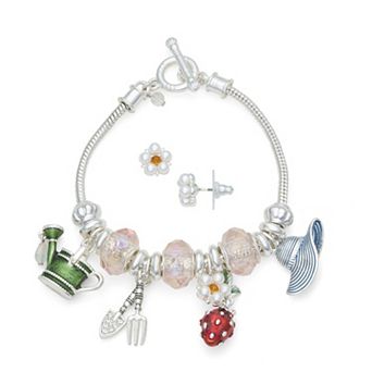 Napier Silver Tone Elevated Garden Slider Charm Bracelet & Stud Earring Set