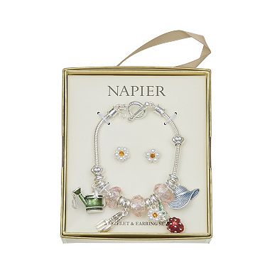 Napier Silver Tone Elevated Garden Slider Charm Bracelet & Stud Earring Set