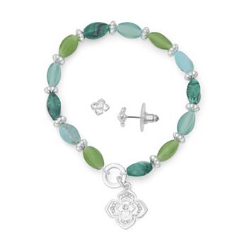 Napier Silver Tone Elevated Flower Stretch Bracelet & Stud Earring Set