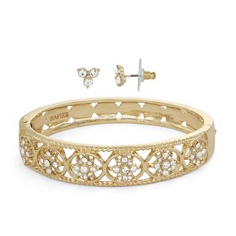 Napier Gold Tone Elevated Bangle Bracelet & Stud Earring Set