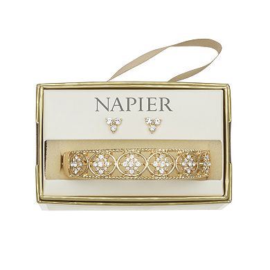 Napier Gold Tone Elevated Bangle Bracelet & Stud Earring Set
