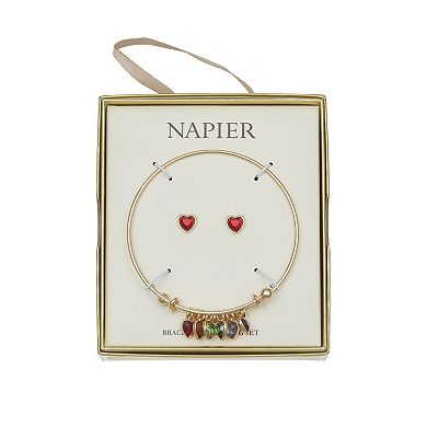 Napier Gold Tone Elevated Heart Bangle Bracelet & Earring Set