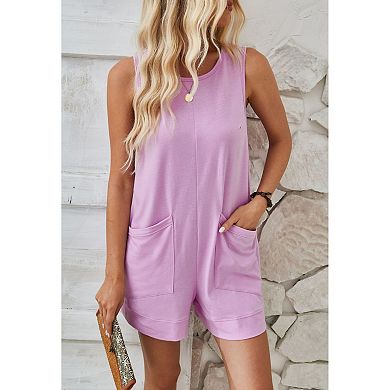 Women's Sleeveless Romper Casual One Piece Loose Fit Jumpsuit with Large Patch Pockets