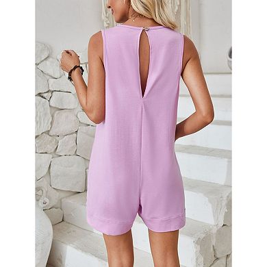 Women's Sleeveless Romper Casual One Piece Loose Fit Jumpsuit with Large Patch Pockets