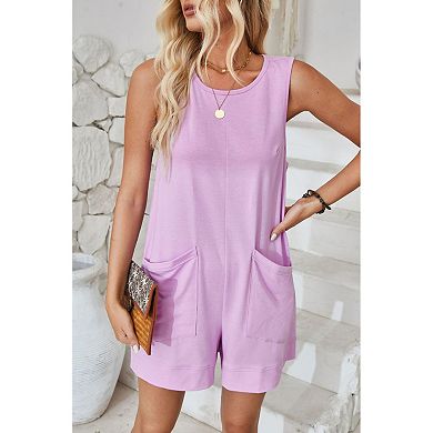 Women's Sleeveless Romper Casual One Piece Loose Fit Jumpsuit with Large Patch Pockets