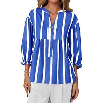 Womens Lantern Sleeves Babydoll Tops Summer V Neck Striped Blouse Casual Loose Fit Flowy Shirts