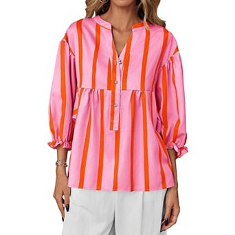 Womens Lantern Sleeves Babydoll Tops Summer V Neck Striped Blouse Casual Loose Fit Flowy Shirts