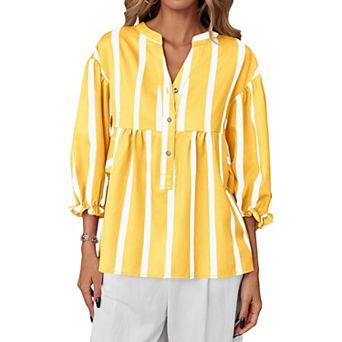Womens Lantern Sleeves Babydoll Tops Summer V Neck Striped Blouse Casual Loose Fit Flowy Shirts