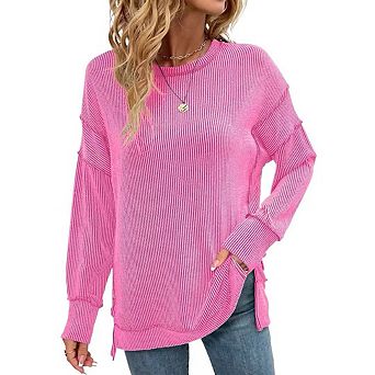 Women's Crewneck Sweatshirt Long Sleeve Side Split Tunic Tops Relaxed Fit Fall Shirts