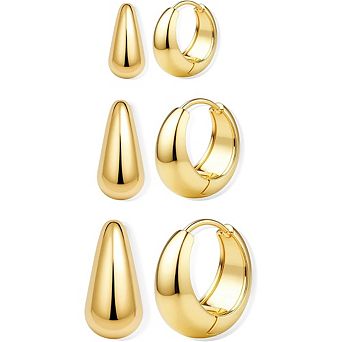 ZUQIETA 3-Pair 14K Gold Hoop Set - Chunky & Huggie Earrings for Multiple Piercing