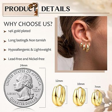 ZUQIETA 3-Pair 14K Gold Hoop Set - Chunky & Huggie Earrings for Multiple Piercing