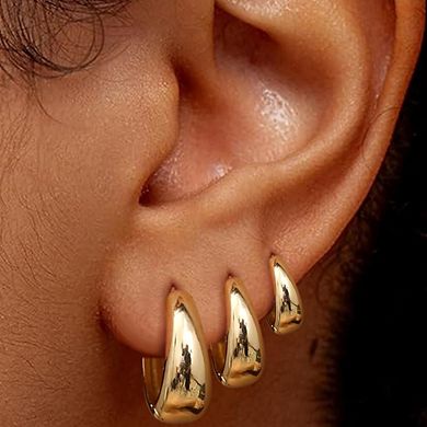ZUQIETA 3-Pair 14K Gold Hoop Set - Chunky & Huggie Earrings for Multiple Piercing