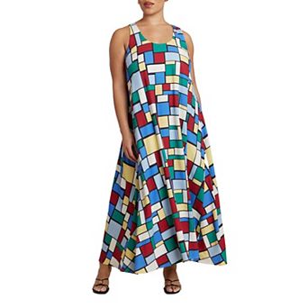 ELOQUII Women's Plus Size Printed Linen Trapeze Dress