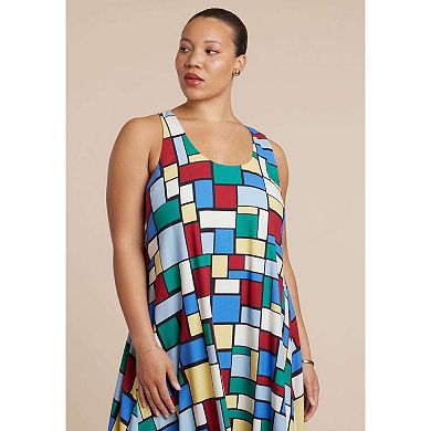 ELOQUII Women's Plus Size Printed Linen Trapeze Dress