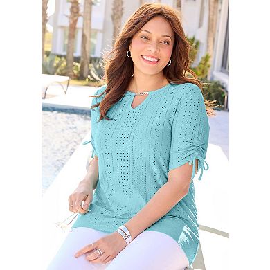 Catherines Women's Plus Size Eyelet Cinch Sleeve Top