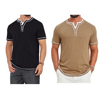 2 Packs Men's Henley Shirt V-Neck Colorblock Button Down Short Sleeve T-Shirts