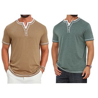 2 Packs Men's Henley Shirt V-Neck Colorblock Button Down Short Sleeve T-Shirts