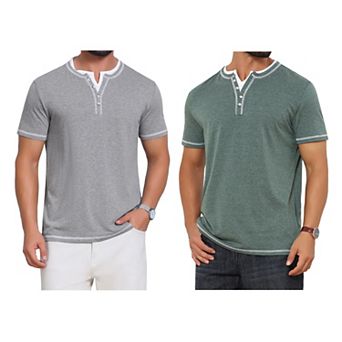 2 Packs Men's Henley Shirt V-Neck Colorblock Button Down Short Sleeve T-Shirts