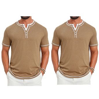 2 Packs Men's Henley Shirt V-Neck Colorblock Button Down Short Sleeve T-Shirts