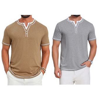 2 Packs Men's Henley Shirt V-Neck Colorblock Button Down Short Sleeve T-Shirts
