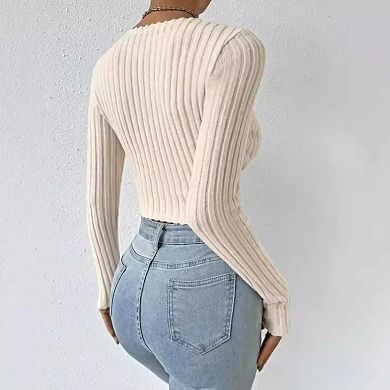 Women's Ribbed Wrap Crop Top Long Sleeve Deep V Neck Fitted Blouse Knit Top for Casual